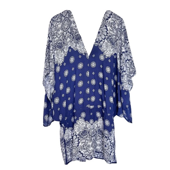 Bacio Womens Romper Shorts Size Large Boho Short sleeve bohemian Blue Gypsy - Picture 3 of 12